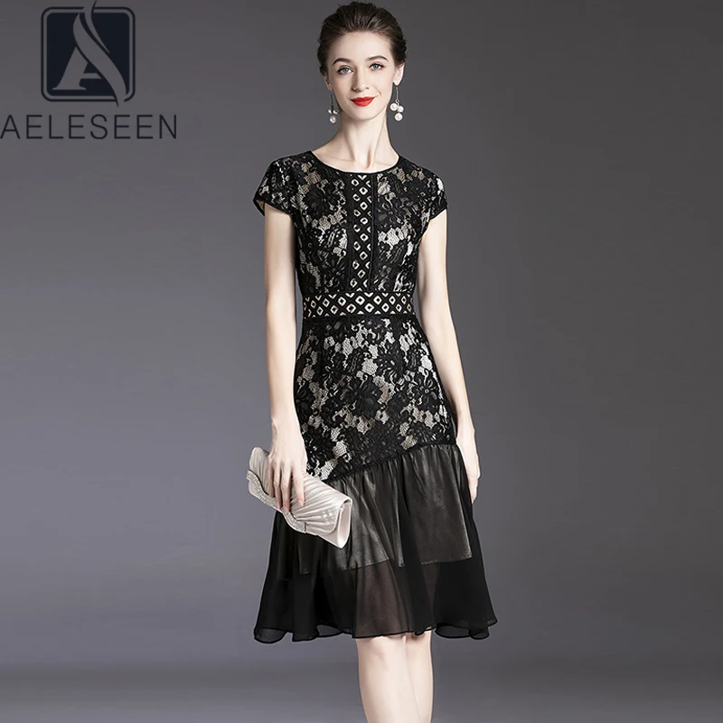 

AELESEEN Women Summer XXL Black Lace Dress Runway Fashion Flower Embroidery Hollow Out Slim Ruffles Midi Elegant Party Dress