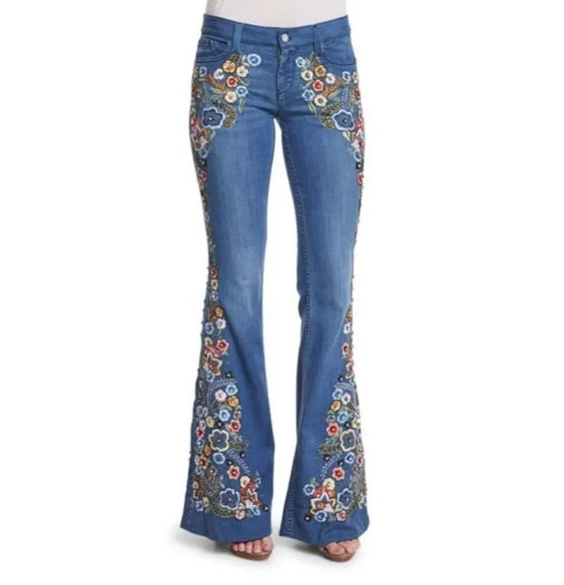 

Flare Jeans Women Pants High Waisted Jean Blue Vintage Embroidery Bottom Fashion Denim Long Lady Korean Japan Streetwear 2021