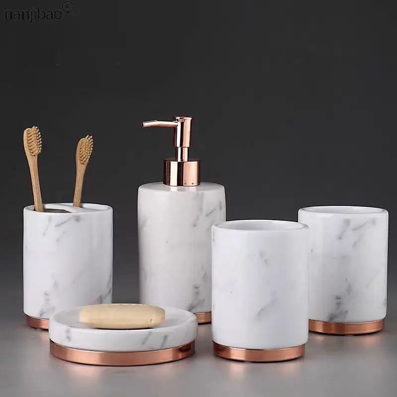 

White Marble Bathroom Accessory Mouthwash Cup Toothbrush Holder Lotion Bottle Soap Dish Ceramic 5Pcs Home Hotel Wash Set