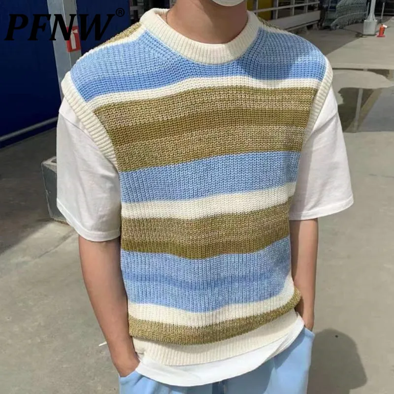 

PFNW 2021 Instagram тренды корейский контрастный шерстяной жилет мужской зимний костюм Свободный пуловер с круглым вырезом полосатый вязаный винта...