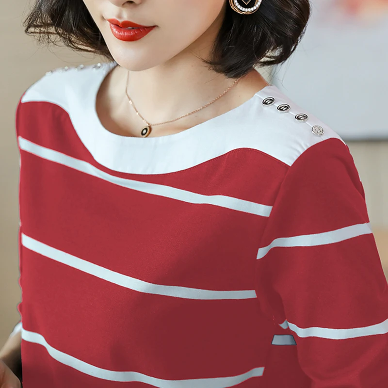 

2021 Vintage Spring Autumn Striped T Shirt Women Tops Button Plus Size Long Sleeve Cotton Tshirt Female Woman Clothes