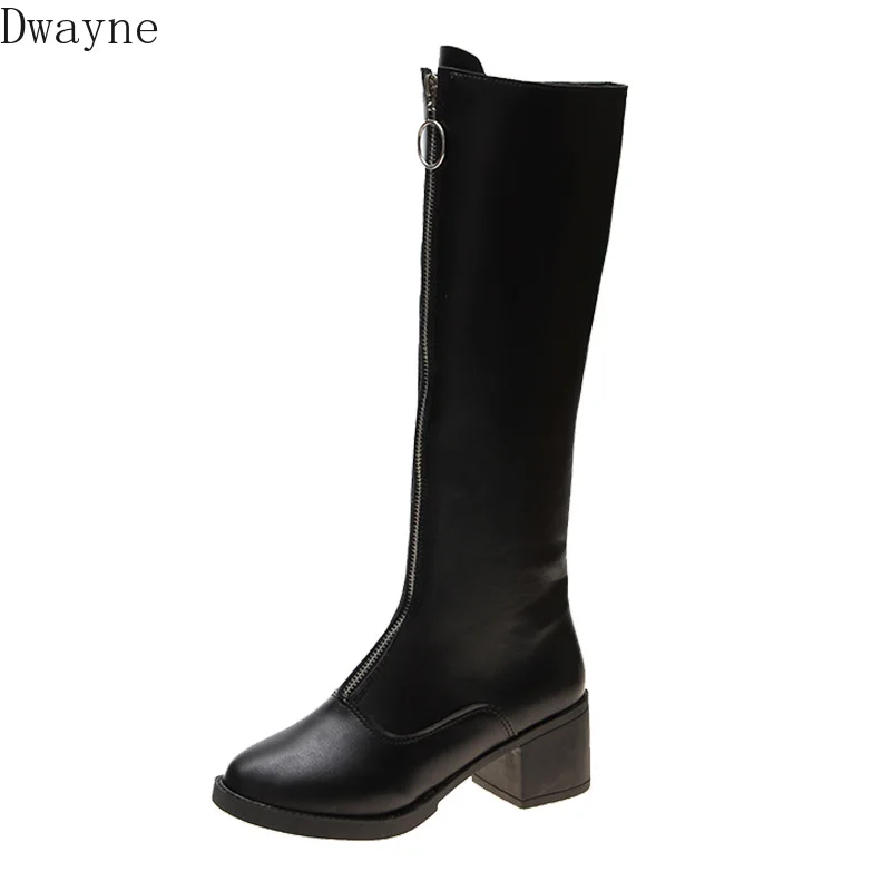 2019 autumn winter new long boots women European American fashion front zipper handsome knight thick with knee-High | Обувь
