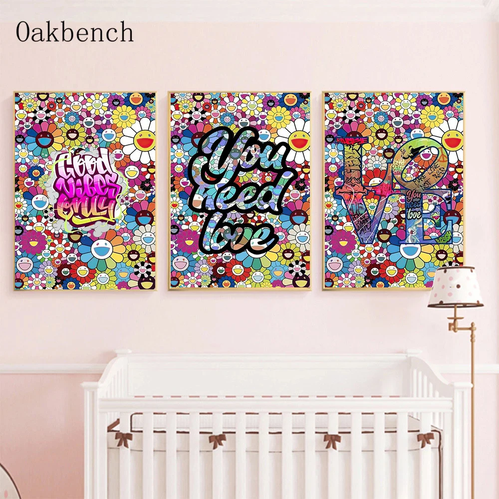 Красочные цветы цветущие искусство стены улыбка теплое сердце холст плакаты и