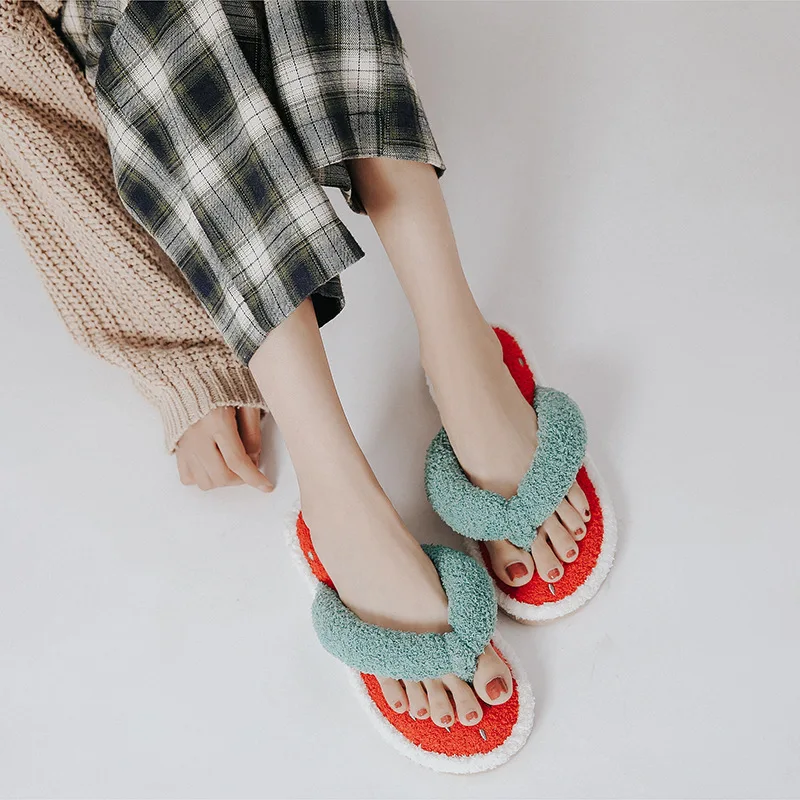 Indoor Cute Cartoon Watermelon Women Flip Flops Sweet Cartoon Fruit Home Casual Bedroom Ladies Flats Shoes Women Velvet Slides