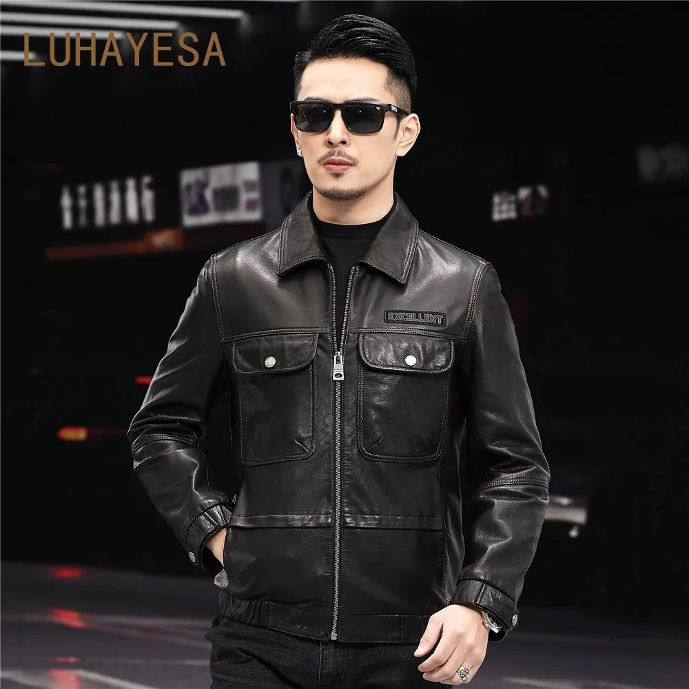 

LUHAYESA Causal Daily Good Quality Oil Wax Sheepskin Genuine Leather Jacket Natural Sheepskin Leather Outerwear Clothes