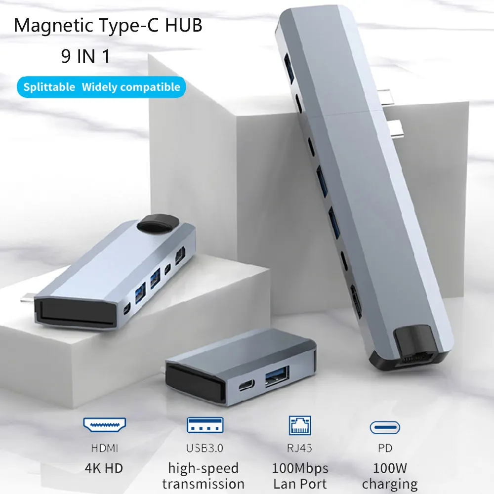 

Магнитный разветвитель Tebe 9 в 1 USB C концентратор Type-c на 4K 2 * HDMI-совместимый RJ45/3 * USB 3,0/USB-C/2 * PD Type C док-станция для Mac