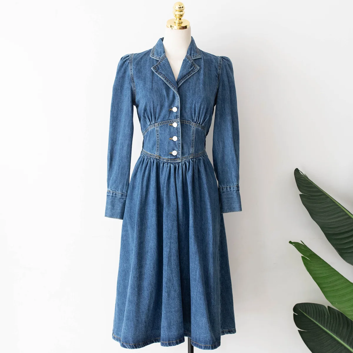

Fashion lady full sleeves slim high waist denim long dress