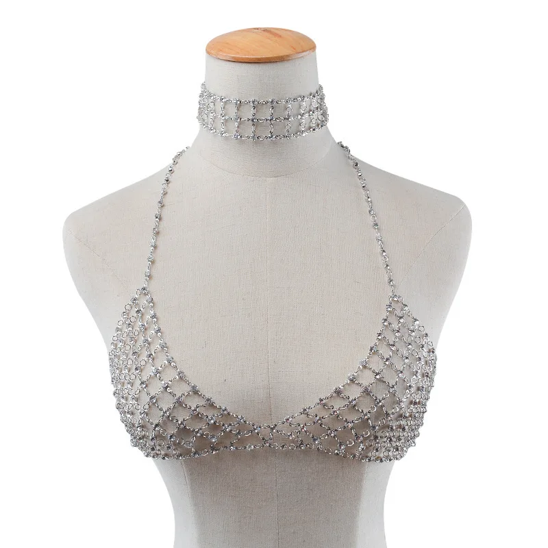 Сетчатый пирсинг сексуальный полый грудь цепь тела кристалл бикини бюстгальтер