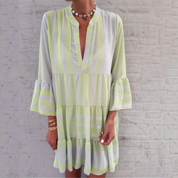 Летние полосатые платья Мини женские 2019 Boho осенние вечерние короткие пляжные повседневные свободные
