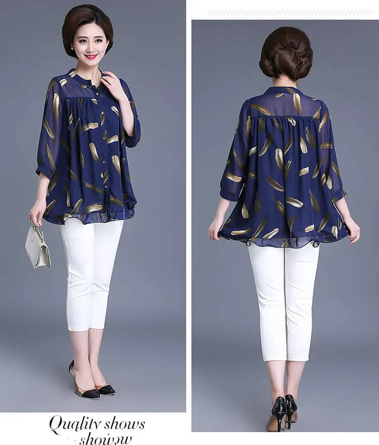 2020 New Summer Middle Aged Women Three Quarter Sleeve Fashion Chiffon Blouse Tops Female Flower Print Plus Size 4xl Shirt W20 | Женская