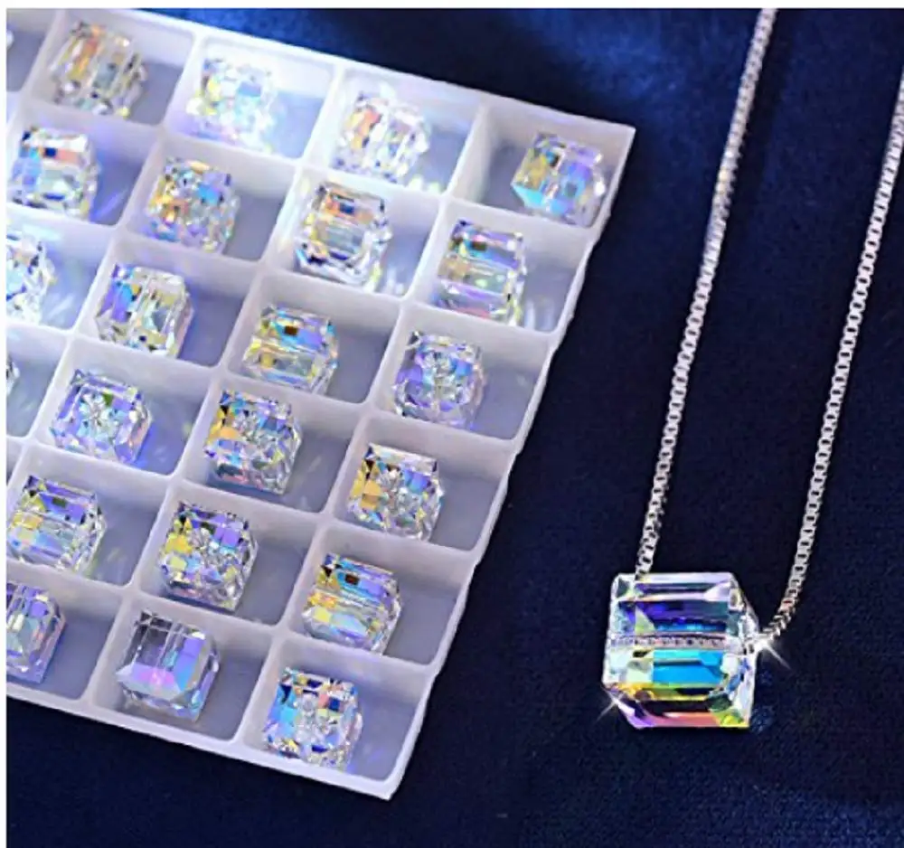 Кристалл от Swarovski ожерелье с подвесками-кубиками для женщин Серебряный цвет коробка цепь ослепительные маленькие простые ожерелья Collier Femme