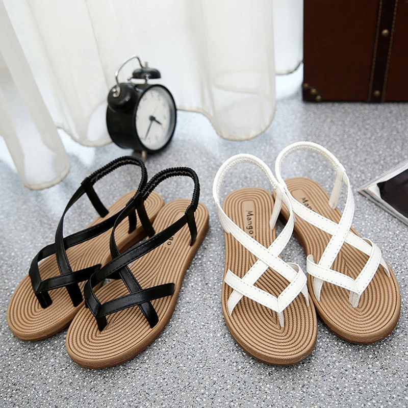 

Summer Shoes Woman Sandals Elastic Flat Sandalias Mujer 2021 Strappy Gladiator Beach Sandals Ladies Flip Flops White
