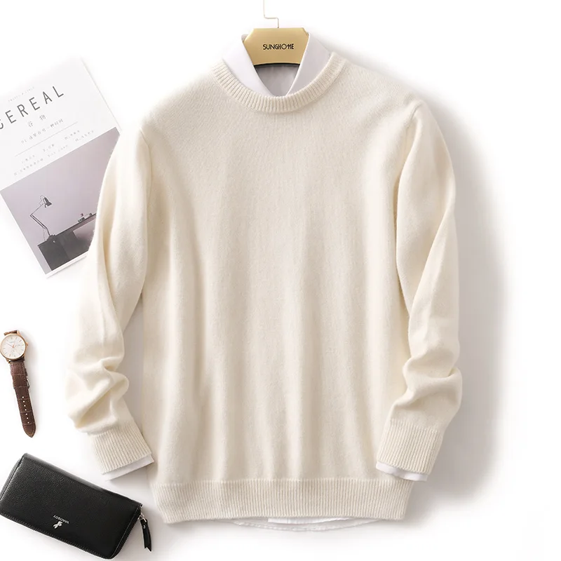 

Winter Double-Strand Thickened Pure Cashmere Shirt Men's round Neck Sweater Loose Youth Base Knitting Woolen Sweater Fashion