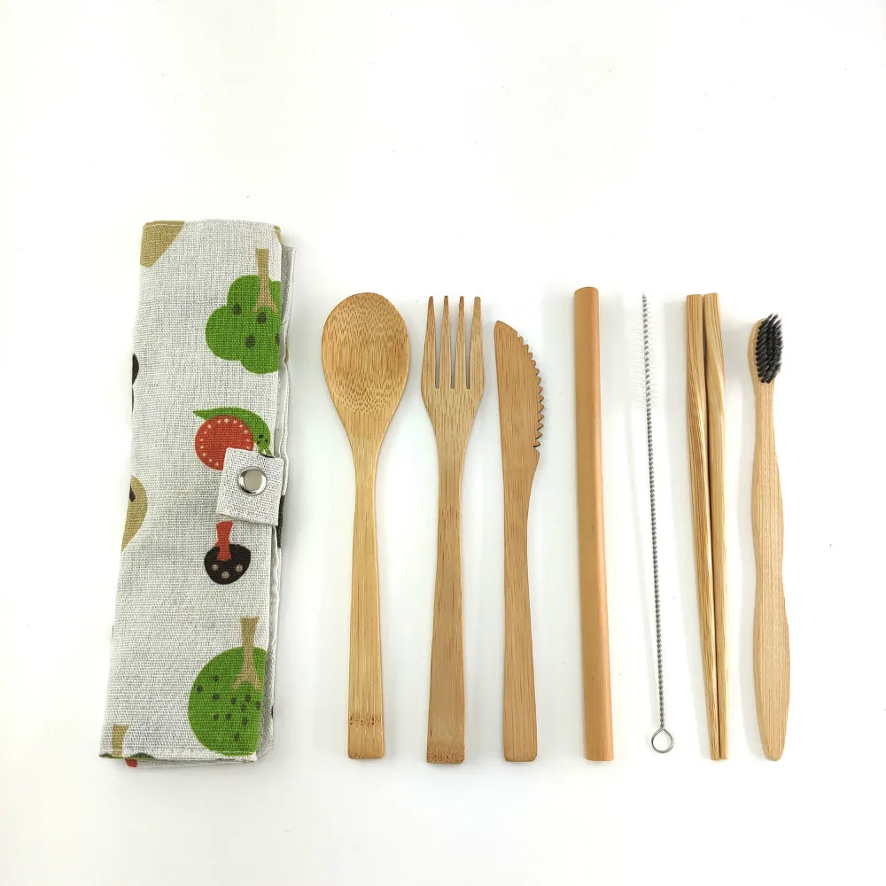 Beli 7 Buah/Set Set Alat Makan Perjalanan Peralatan Bambu Ramah Lingkungan Luar Ruangan Kayu Peralatan Portabel Nol Limbah Dapat Digunakan Kembali Set Alat Makan Bambu
