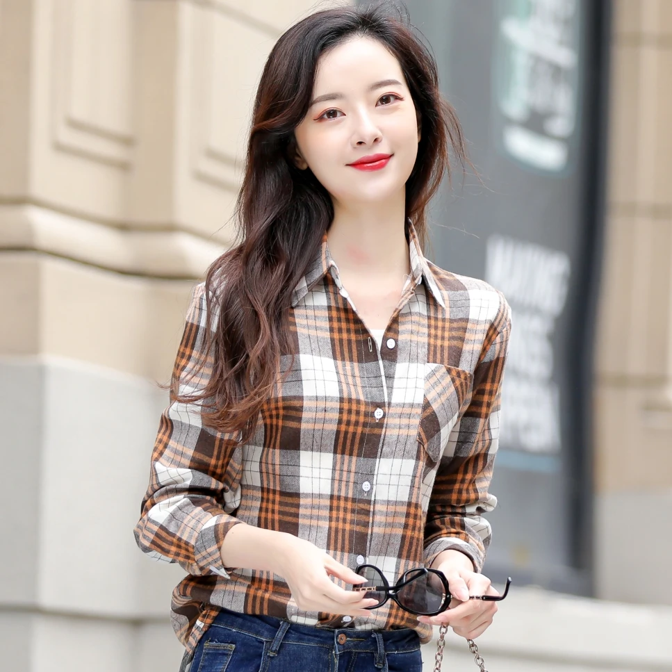 

2021 Women Turndown Collar Cotton Plaid Shirt Checked Blouse Long Sleeve Female Casual Loose Winter Cotton Plaid Tops Outerwear