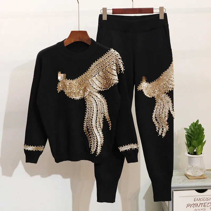 

Two-piece Set Consisting of T-shirt and Pants, Spring and Autumn, Long Sleeve, Round Neck, Sequins, Beaded, Elastic Waist, 2021