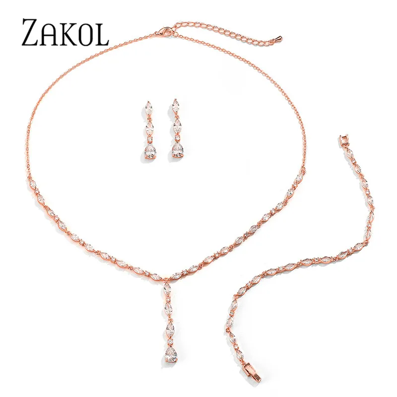 ZAKOL Блестящий Кристалл циркония Серьги Ожерелье Браслеты 3 шт набор украшений для