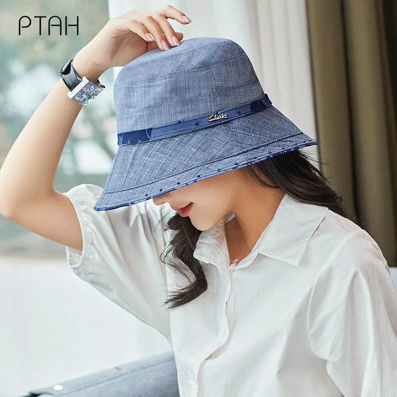 

[PTAH] Fashion New Bucket Hats Women's UPF 50+ Cloth Cap Foldable Windproof Rope Beach Hats Breathable Sun Protection Cap Female