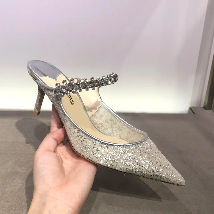 

Thin Heels Med Shallow High-Heeled Shoes Lady Woman's Slippers Glitter Slides Fashion 2021 Jelly Luxury Summer Rubber PU Fabric
