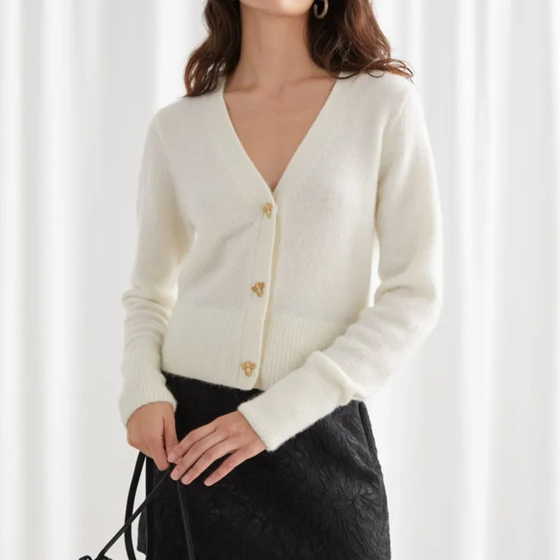 

Womne Bee Buttons Knit Cardigan Ladies V-Neck Single-Breasted Sweater Coat Female Slim Knitwear Top 2021 Early Spring