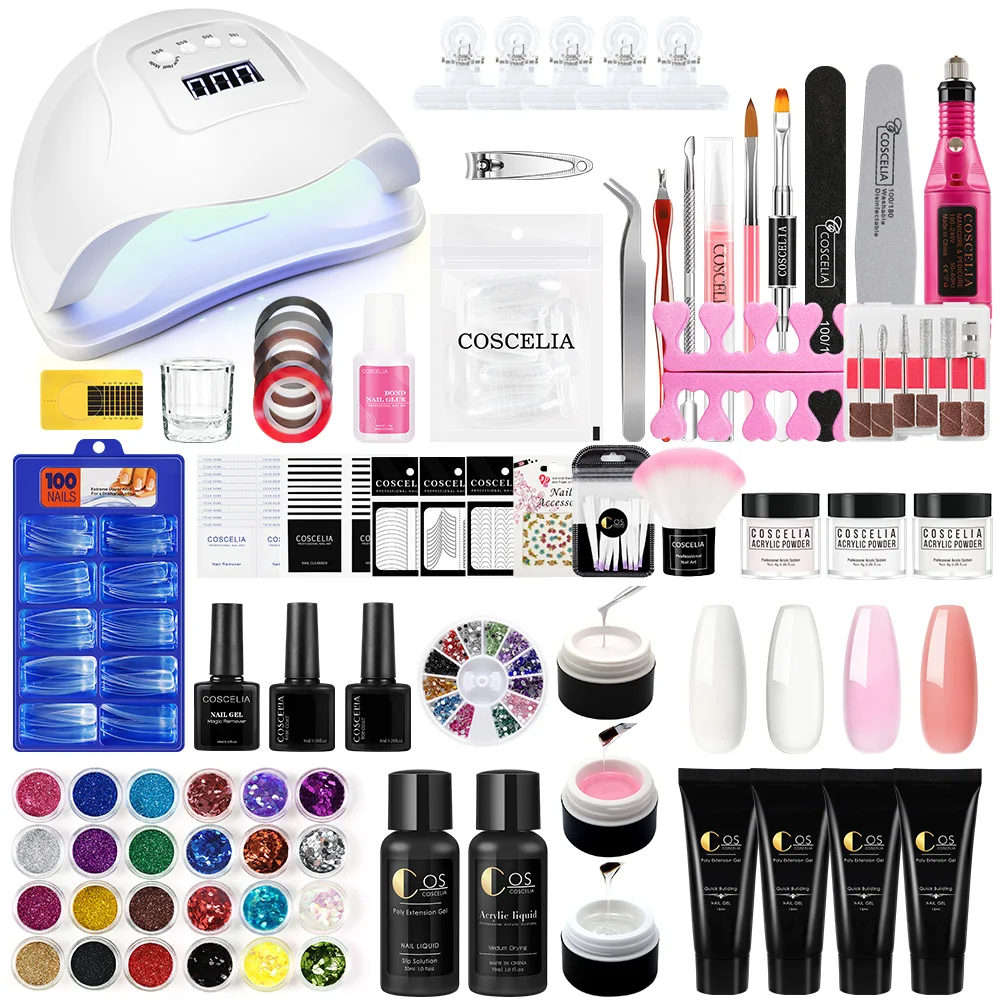 

Full Nail Manicure Set Acrylic Kit Poly Nail Gel UV Gel Set With Drill Machine Acrylic Nails Glitter Powder Extension Tools Kit