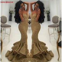 new designer 2020 mermaid gold prom dress long split sequined bling evening dresses pageant gowns sweetheart spaghetti strap