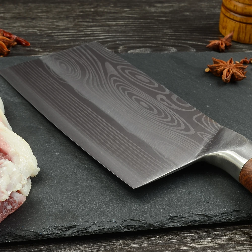 

7 Inch 4cr13 Stainless Steel Kitchen Knife Wood Handle Chopping Knife Meat Cleaver Laser Blade Pattern Chinese Cooking Chopper