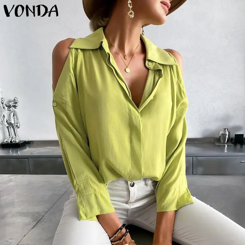 

Повседневные топы VONDA с отложным воротником, Женские однотонные рубашки с отложным воротником, богемные женские блузы, элегантные праздвеч...