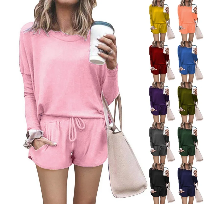 

Oeak Summer Beach Casual O Neck Long Sleeve Two Piece Set Shirt Shorts Drawstring 2 Piece Spring Women Set Solid Outfits