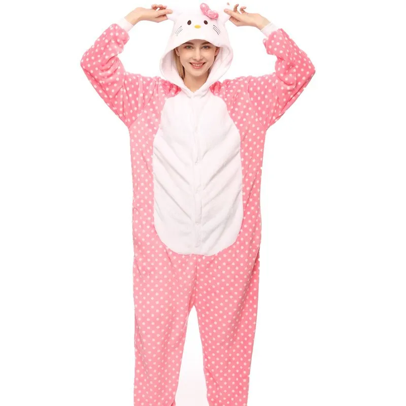 New Adults Animal Pajamas Cartoon Sleepwear Bow Cat Pajamas Sets Anime Kigurumi Women Men Warm Flannel Hooded
