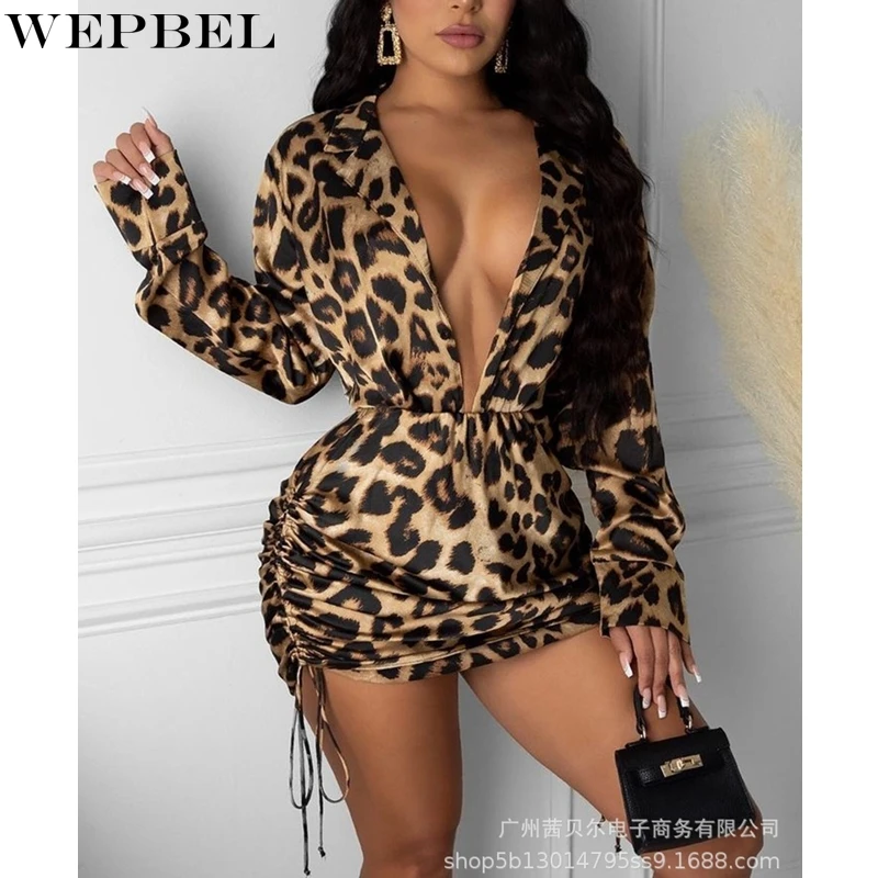 

WEPBEL Dress Women's Casual Slim Fit Lace-up Pleated Dress Autumn V-neck High Waist Leopard Printed Long Sleeve Dress