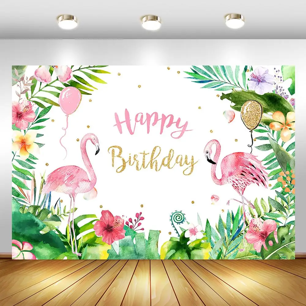 

Розовый фон для дня рождения с фламинго, летний Тропический гавайский цветочный фон для фотосъемки, праздничный баннер для детского дня рож...