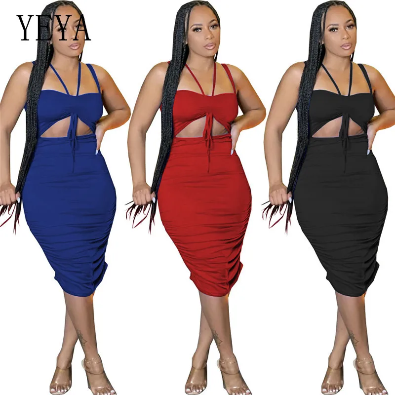 

YEYA Drawstring Pleated Sexy Bodycon Wrapped Chest Lace Up Spaghetti Strap Hollow Out Sleeveless Nightclub Party Casual Dresses