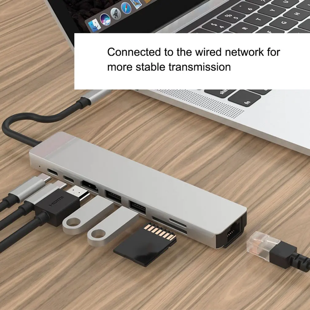 

8in1 Docking Station Type-C To USB3.0x2 HDMI-compatible Security Digital/TF PDx2 100M Multifunctional Split Line Card Reader