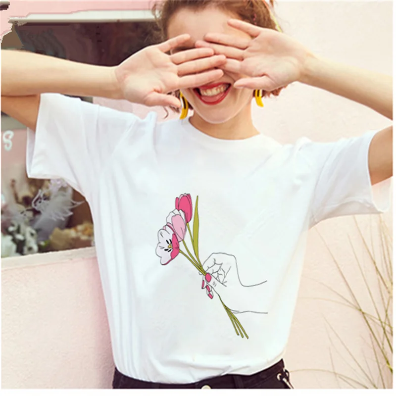 Женская футболка с принтом AOWOF модный красная роза свободная коротким рукавом и