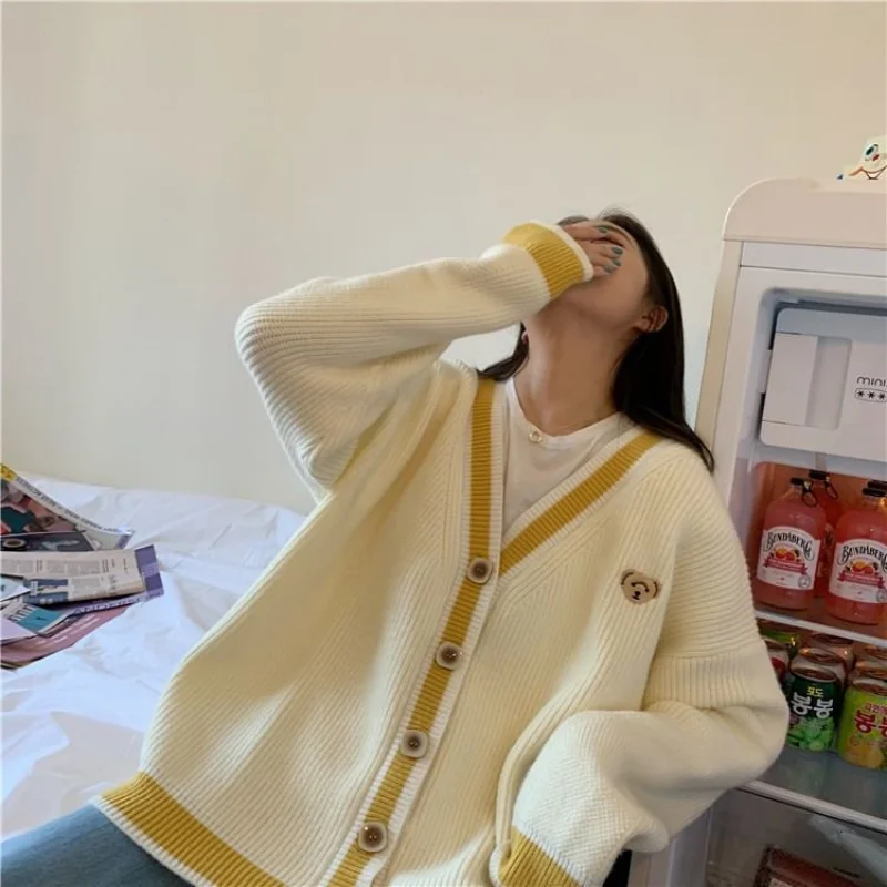 

Kawaii Harajuku Embroidery Cartoon Lovely Cute Korean Style Fashion H Sweater Coat Girl Chic V-neck Women Cardigan Sweet Beige