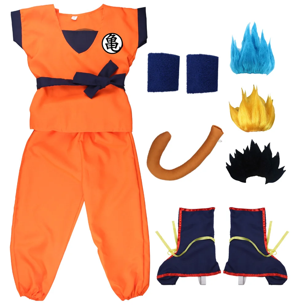 Halloween Holiday Suits Son Goku Hair Blue Gold Carnival Anime Cosplay Costumes Top/Pant/Belt/Tail/Wrister/Wig Adult Kids Dress