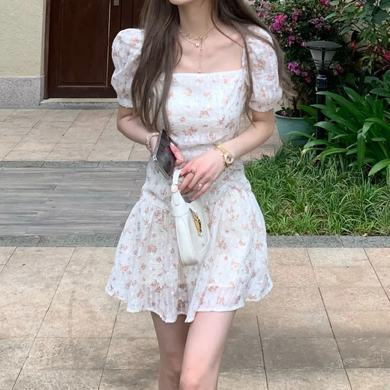 

2021 New Summer Elegant Kawaii Floral Dress Women Print Korean Sweet Cute Party Mini Dress Puff Sleeve Pretty Fairy Summer Dress