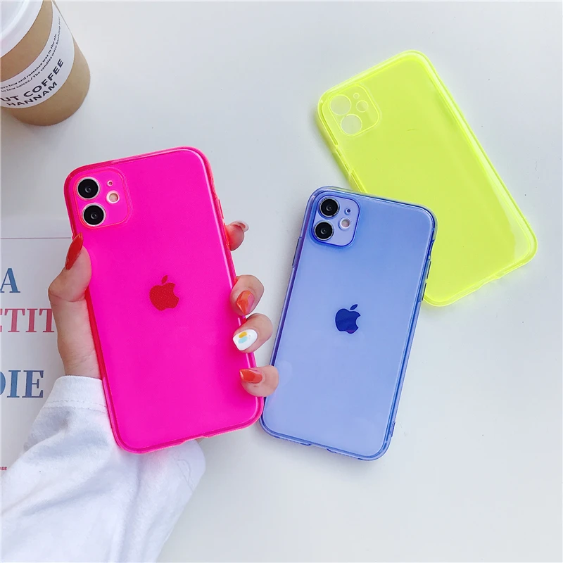 

Fluorescent Candy Color Phone Case For iPhone 11 12 Pro Max 7 8 Plus XR X XS Max SE2020 12Mini Shockproof Plain Clear Soft Cover
