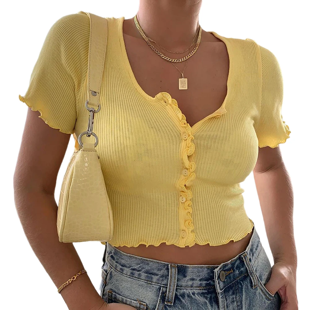 

Hot Sale Sexy Women Short Sleeve Ruffle T-shirt Clubwear Buttons Bodycon Solid V-neck T-shirt Crop Tops Summer Outwear