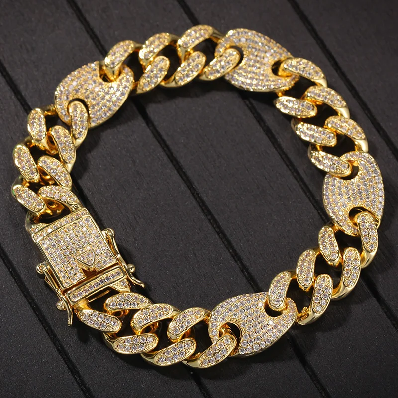 

Micro Paved Cubic Zirconia Iced Out Cuban Coffee Beans Chain CZ Bracelets For Men Hip Hop Bling Rapper Jewelry Gold Color