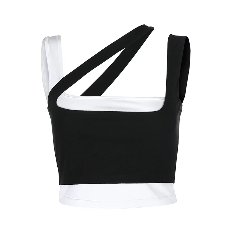 

Women's new sexy irregular hollow shoulder strap short casual fake two-piece vest