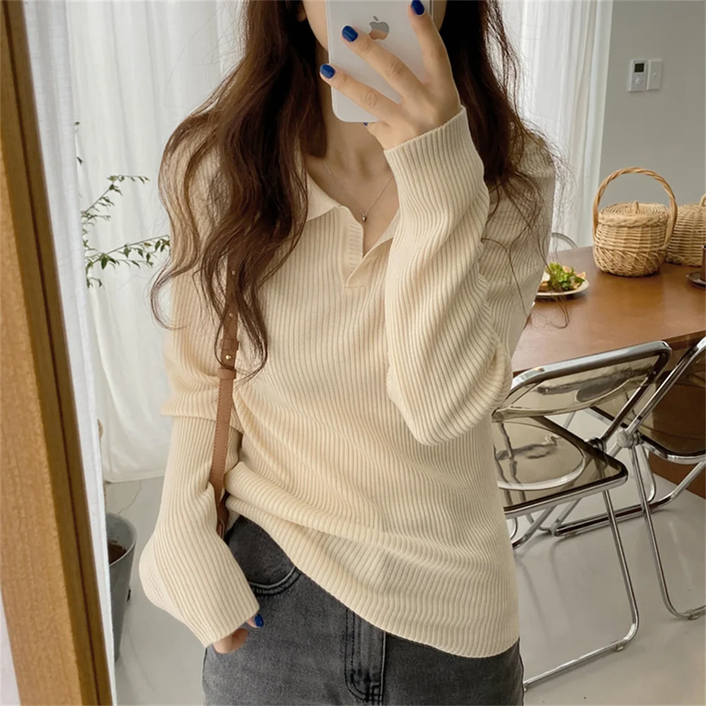 

Korean fashion elastic V-neck full set autumn women's top soft solid high quality loose knit sweater brand new