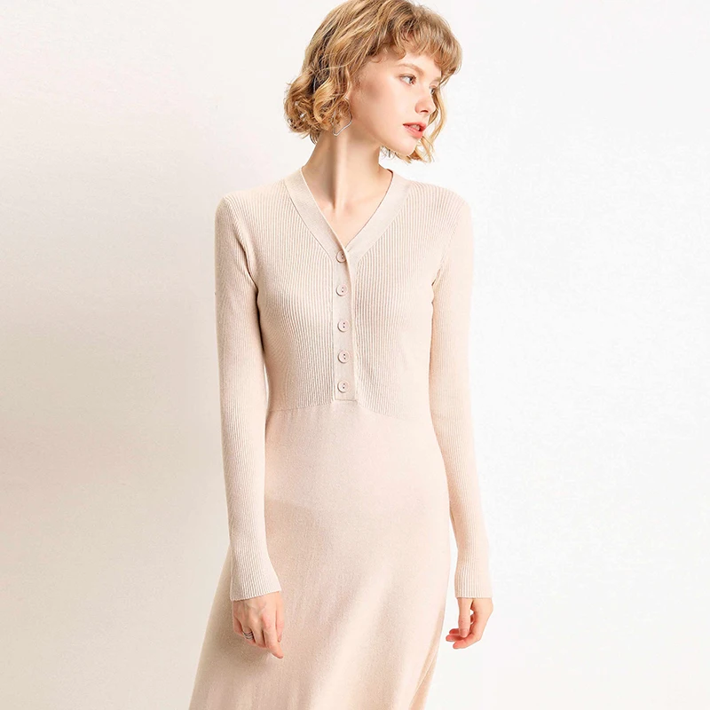

adishree 2019 Womens winter Cashmere sweaters and auntmun knitted Pullovers Dresses Office lady High Quality V-neck Knee-Length