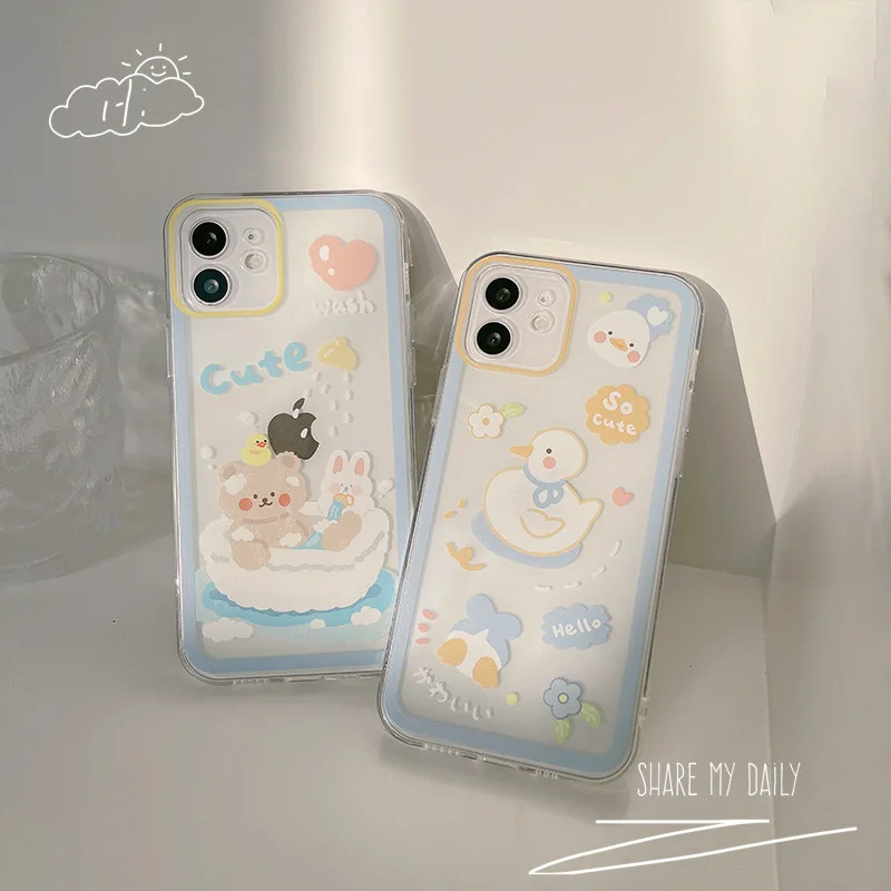 Summer swim duck and bear cute cartoon silicone cover for iphone 11 12 mini 13 pro max xsmax xr x 8 7 plus lovely phone case