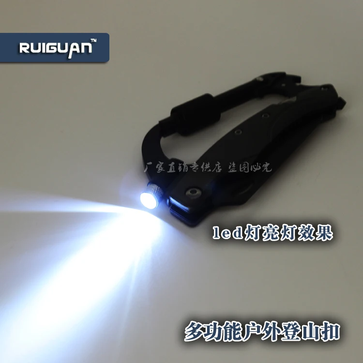 

Multi-functional mountaineering buckle with led light fruit knife hook key button hung a knapsack bottle D word buckle knife