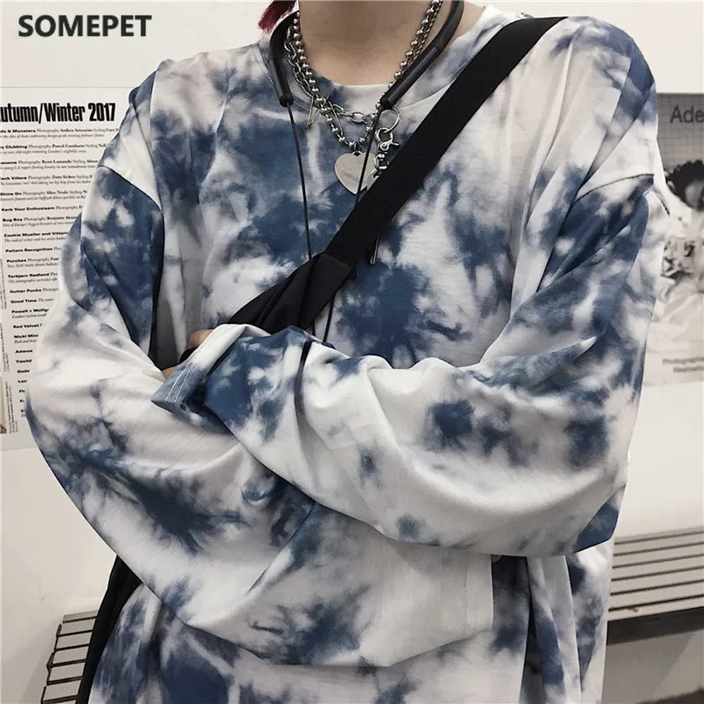 

Vintage Hip Hops Korean Style Women's Tie Dye Printed T-shirts Oversized M-3XL Loose Long Sleeve Tee Tops