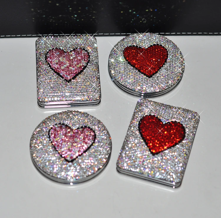 Креативное портативное зеркало блестящие стразы в форме сердца складные ручной