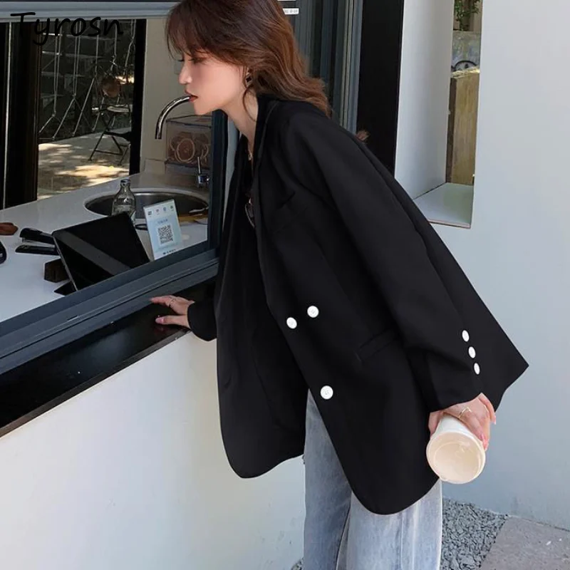 

Women Solid Blazers Double Breasted Loose Elegant Lady Leisure Back-slit Streetwear Draped Design Femme Chic Black Suits Ulzzang