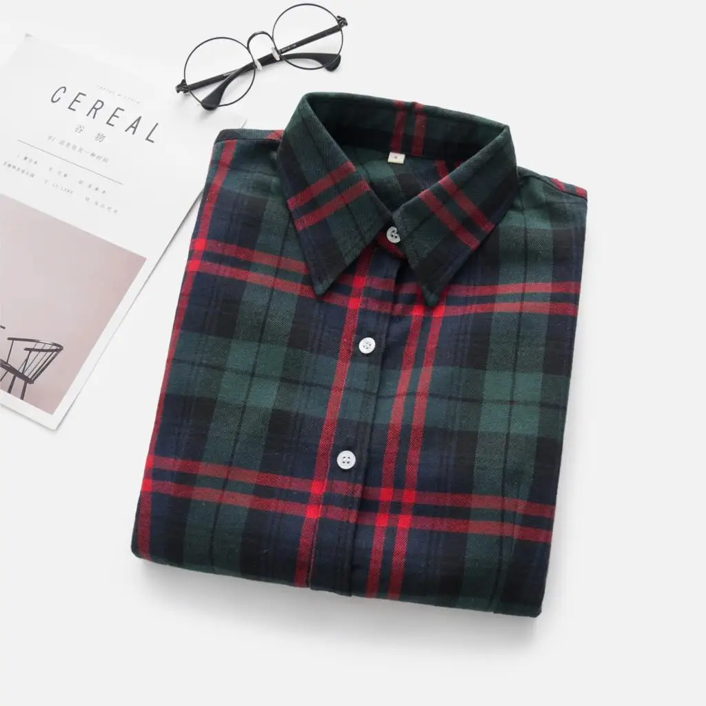 

Women Shirt Blouses Plus Size 2021 Hot New Spring Flannel Cotton Long Sleeve Plaid Shirt Casual Female Loose College Style Tops